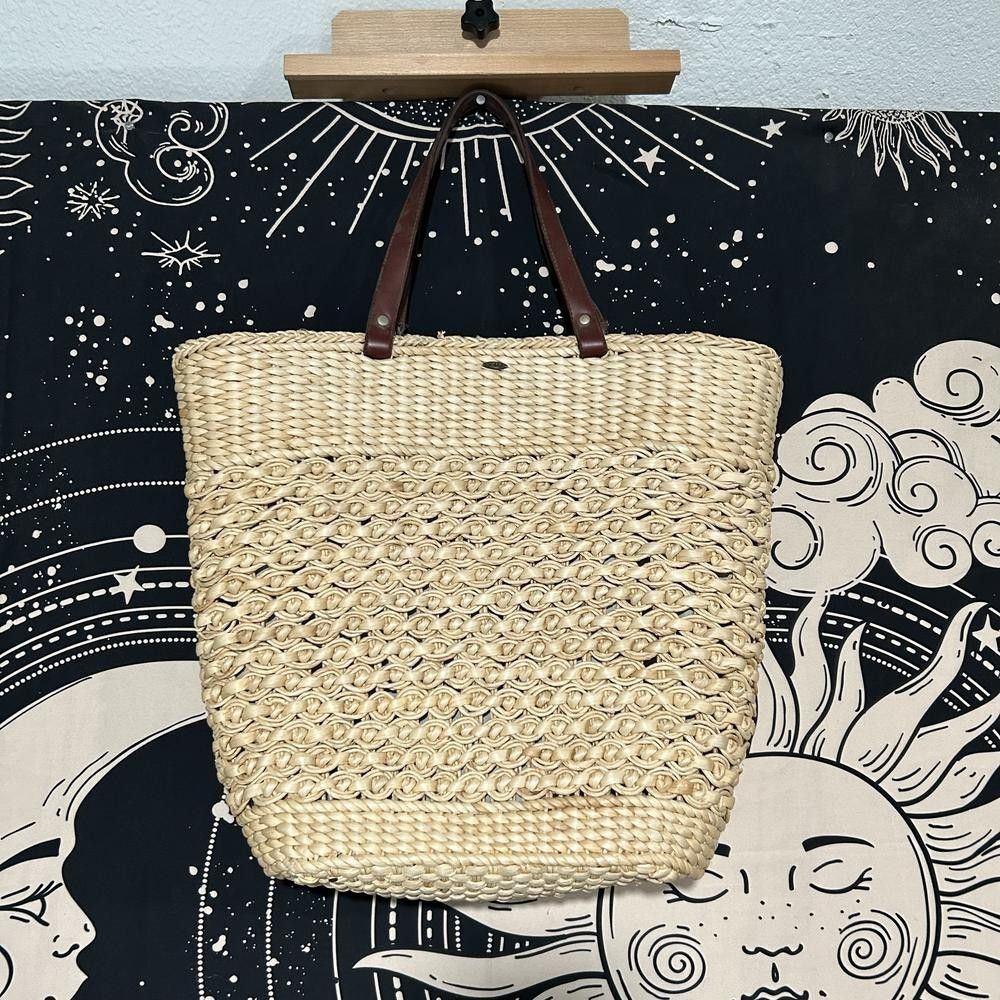 Scala Tote Shoulder Beach Bag Women Beige Woven Straw Inner Pocket Double Handle